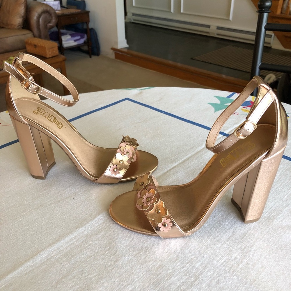 Brash Rose Gold Heels with Flower Strap - Size 5